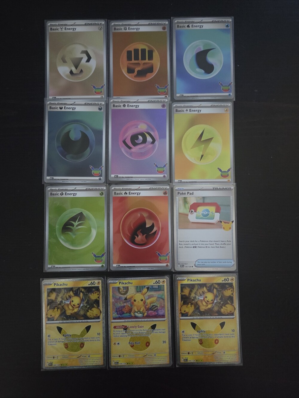 New ! 💫Pokemon 30th Celebration💫 Holo Energy Set, Poke Pad & Pikachu Cards